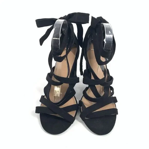 Torrid Ankle Wrap Faux Suede Block High Heels 9.5 W Wide Womens Black Open Toe - Picture 2 of 8